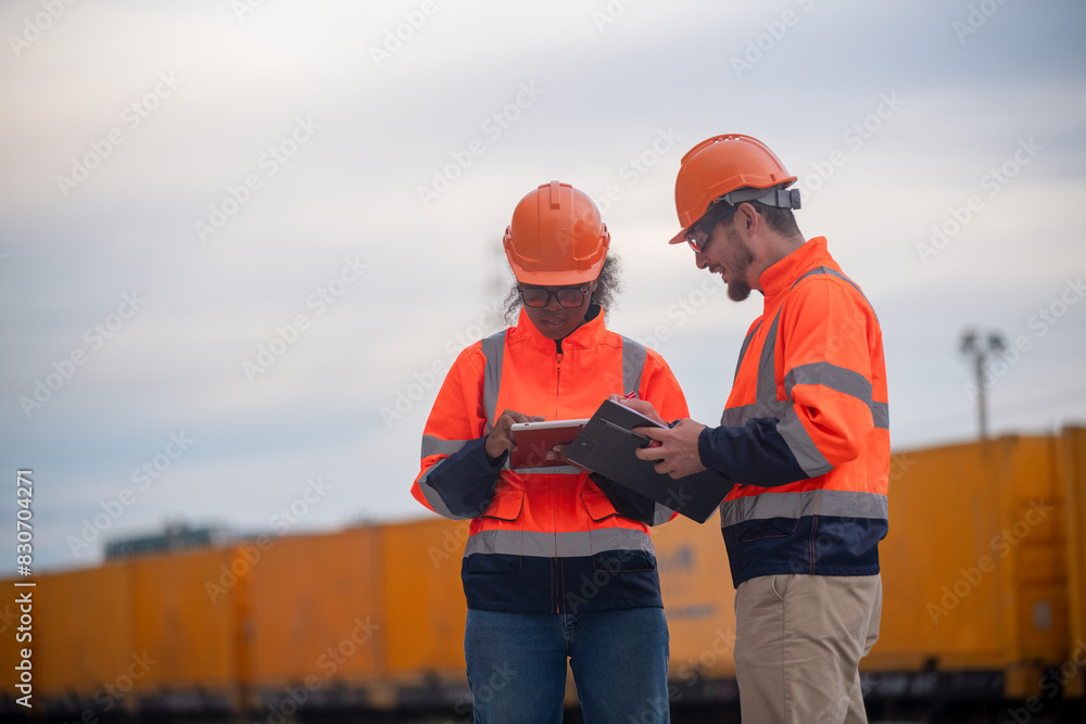 Engineers railway survey wearing safety uniform under conversation document and tablet on hand inspect checking cargo containers railway work on railroad station is transportation industry concept. Engineers railway survey wearing safety uniform under conversation document and tablet on hand inspect checking cargo containers railway work on railroad station is transportation industry concept.