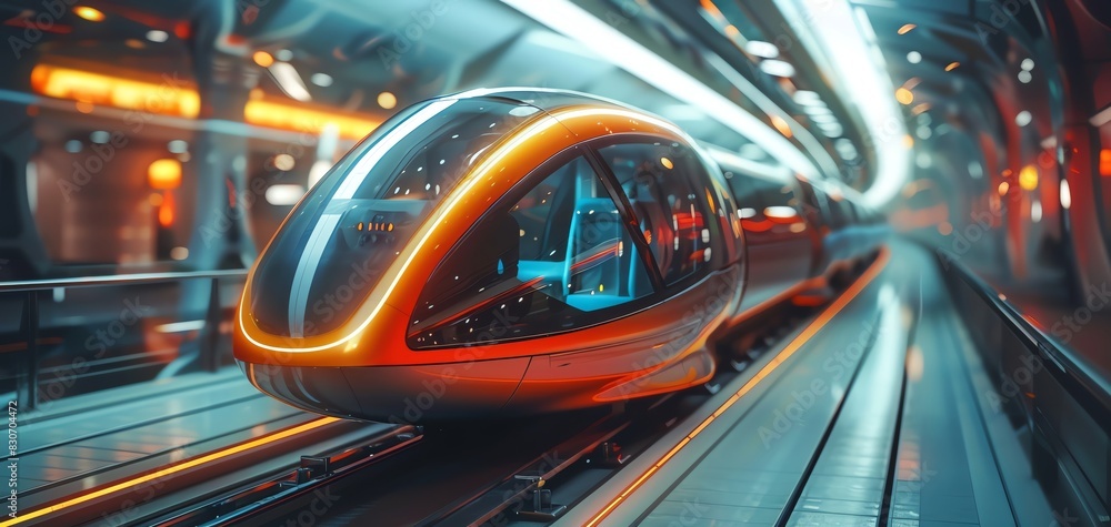 Futuristic high-speed train in a modern station with neon lights. Concept of advanced transportation in an urban setting. Futuristic high-speed train in a modern station with neon lights. Concept of advanced transportation in an urban setting.