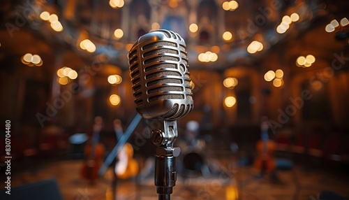 A close-up of a vintage microphone on a stage with a blurred background of musicians.
