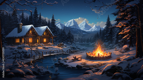 A snowy mountain landscape with a cabin and a bonfire.  