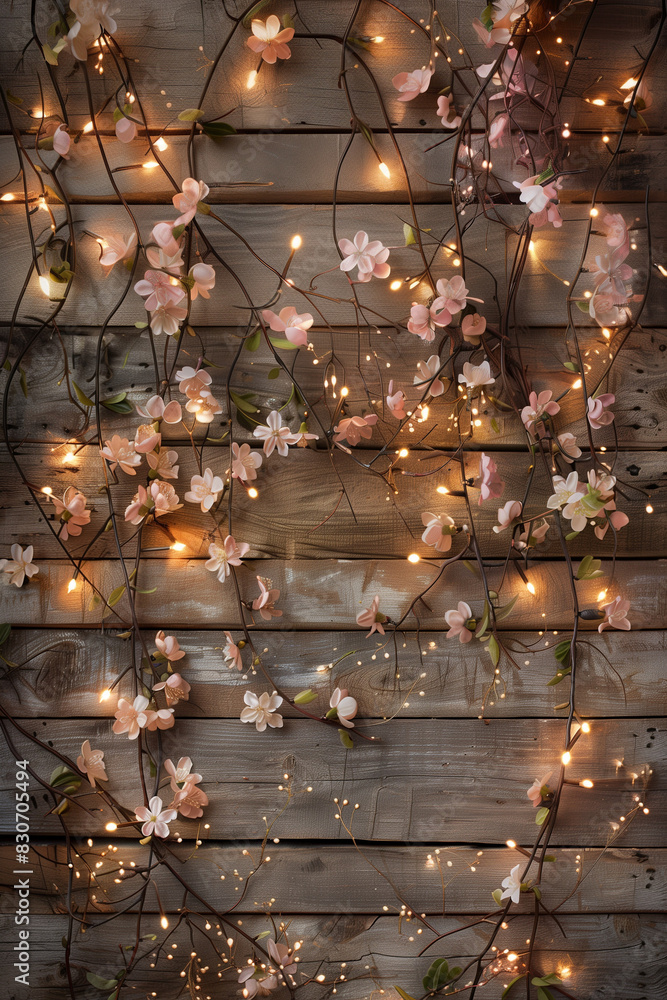 Aesthetic background featuring rustic wood texture combined with delicate floral accents and subtle lighting to create a warm and inviting ambiance