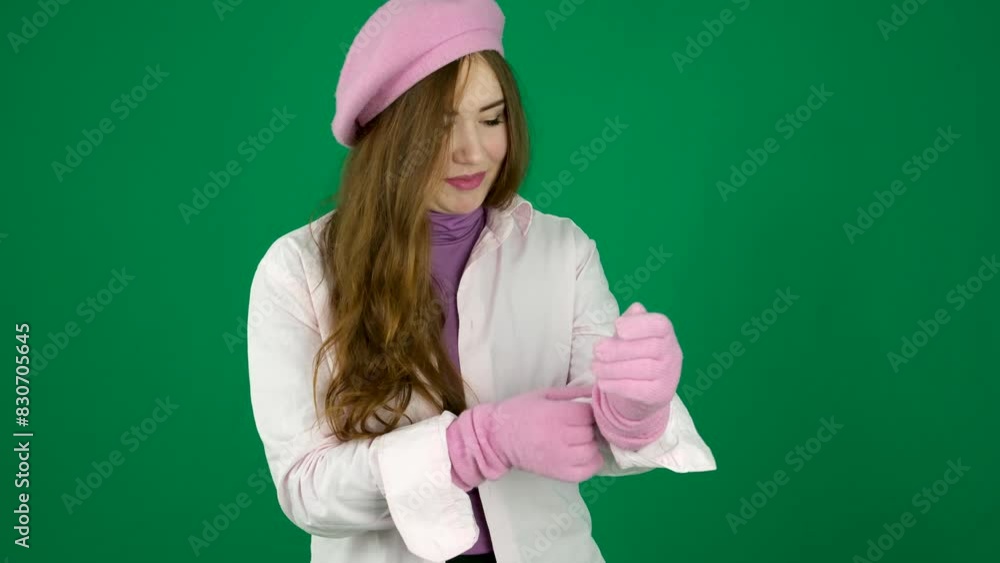 A girl in pink gloves and a beret adjusts the sleeve of her jacket, puts on gloves and smiles. Close-up on a green background. A girl in pink gloves and a beret adjusts the sleeve of her jacket, puts on gloves and smiles. Close-up on a green background.