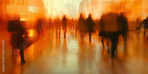 Blurred silhouettes of people walking in a vibrant light-filled cityscape evoke the feeling of urban motion and the constant hustle and bustle of city life at sunset.