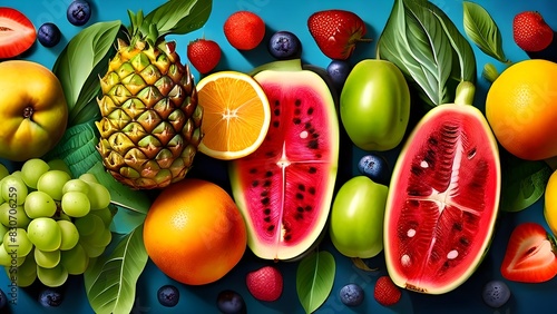 top view illustration of assorted vibrant fruit and vegetable composition photo