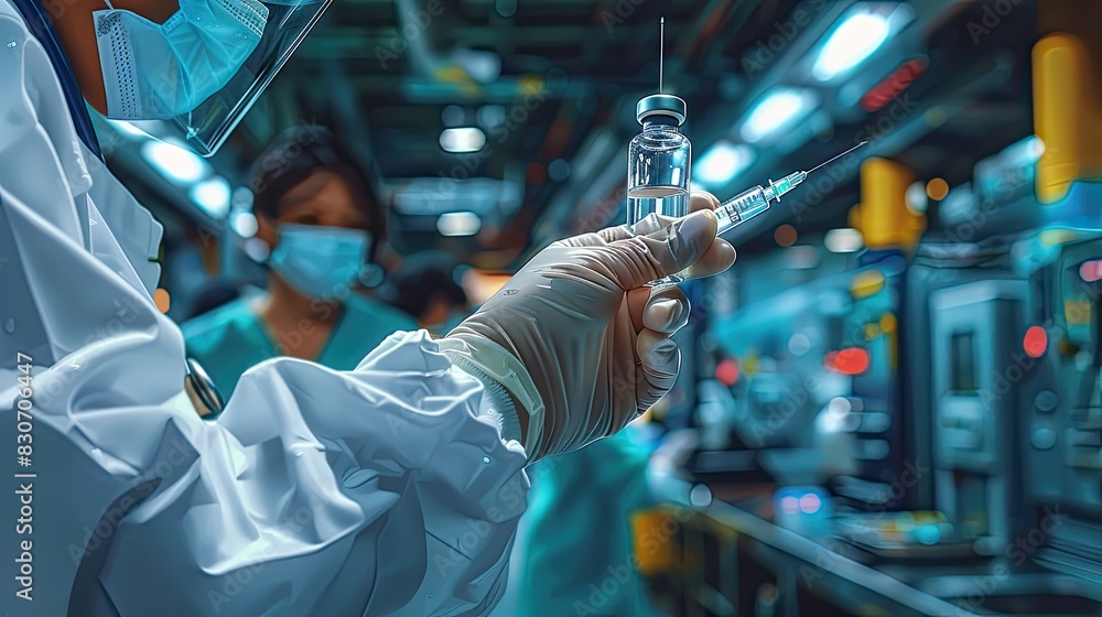 A close-up view captures a doctor's hand holding a syringe, poised to ...