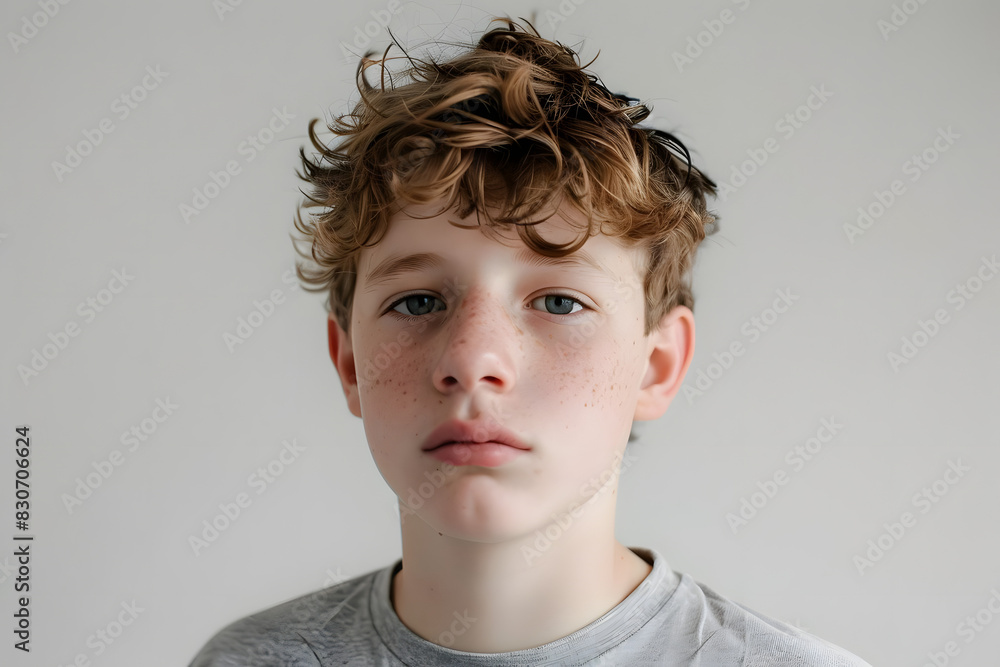 teen boy looking serious and focused against white backdrop. generative ai teen boy looking serious and focused against white backdrop. generative ai