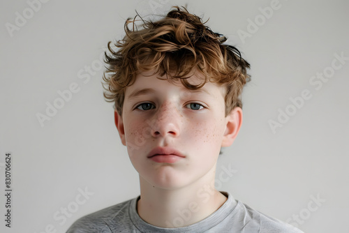 teen boy looking serious and focused against white backdrop. generative ai © Niko