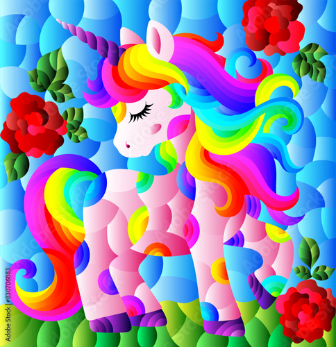 Stained glass illustration with a cute cartoon unicorn on a cloudy sky background and roses