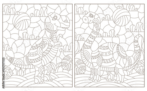 Set of contour illustrations in the style of stained glass with cute dinosaurs  dark contours on a white background