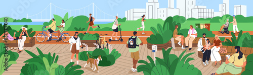 People in eco city park landscape. Characters walking, jogging, riding bicycles and scooters, enjoying summer weekend lifestyle. Men and women during outdoor rest, relax. Flat vector illustration