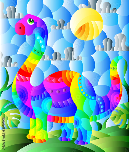 Stained glass illustration with a cute cartoon dinosaur on the background of fields and sky