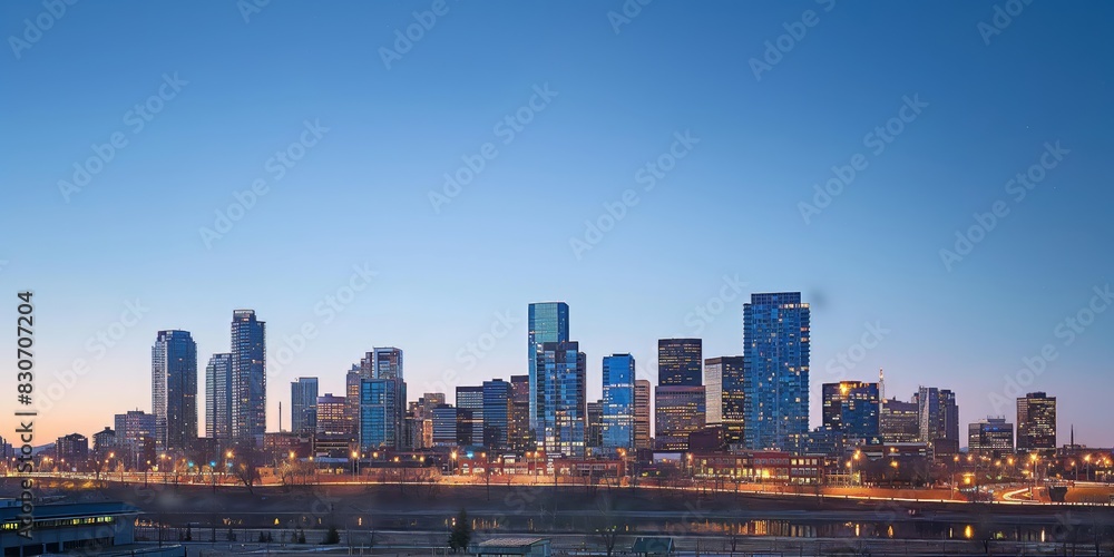Fototapeta premium This image captures a modern cityscape at twilight, showcasing a vibrant skyline with various high-rise buildings illuminated against the clear evening sky.