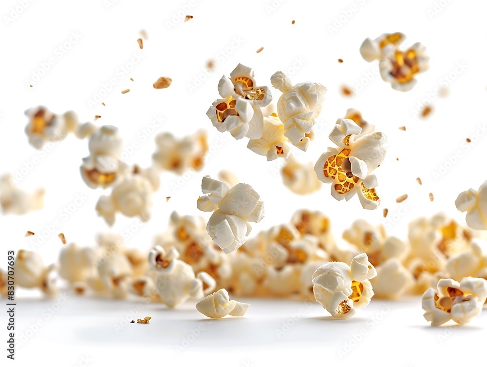 Popcorn flying against a white background Popcorn flying against a white background