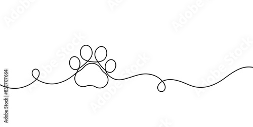 Paw print of a dog or cat. Footprint pet. Black line animal prints isolated on white background. Drawing a puppy mark. Cute hand draw canine paws. Continuous pattern line. Lineart. Vector illustration