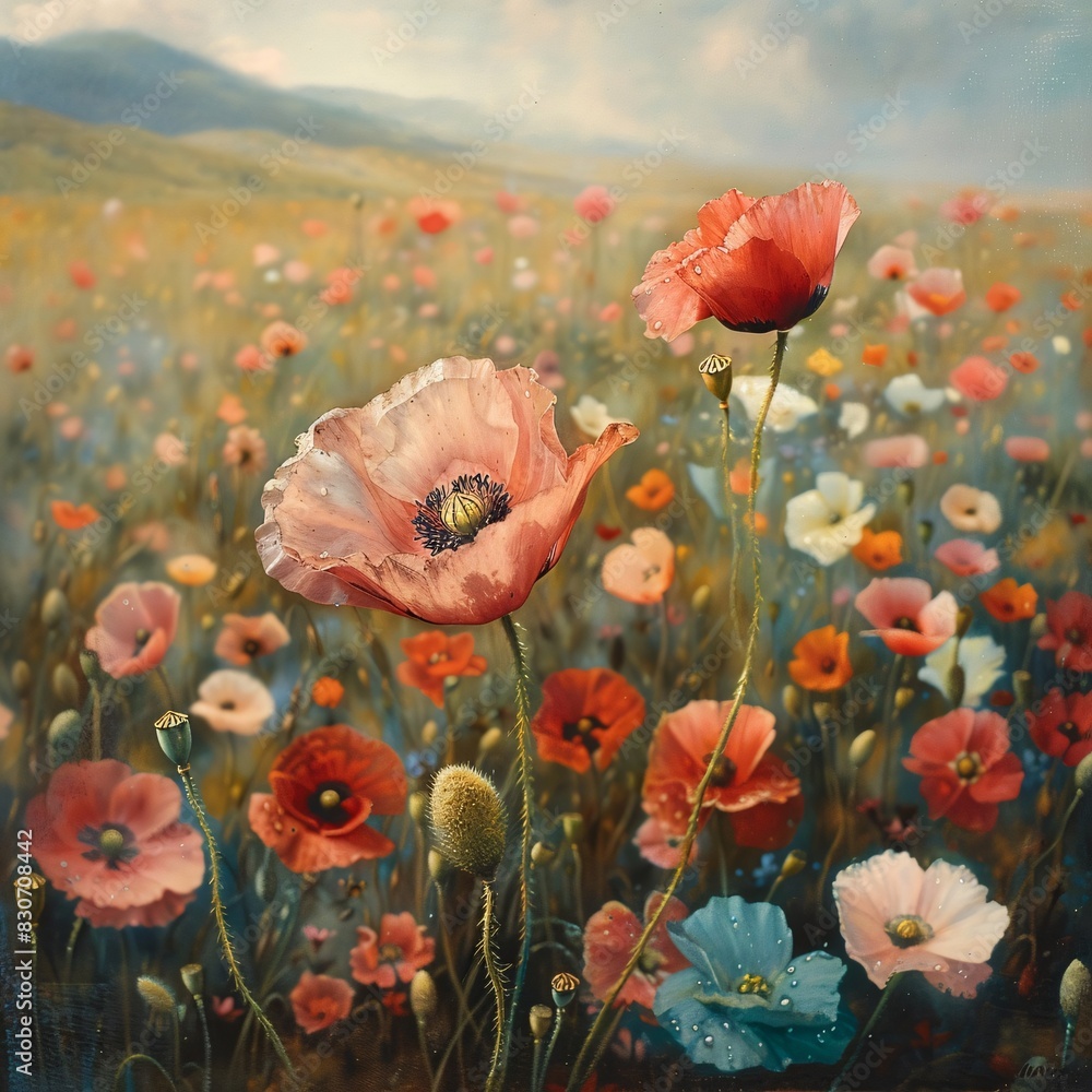Obraz premium Vibrant Field of Poppies with a Single Flower