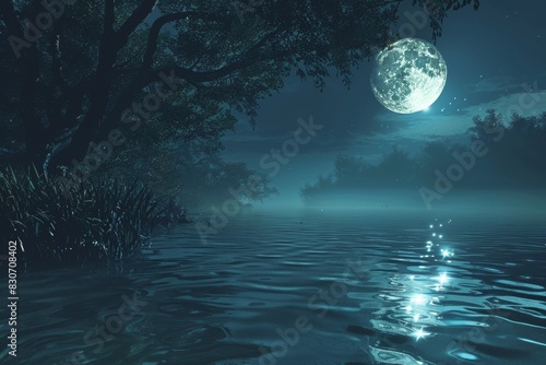 Moonlit Mirage by the Shores of the Mystic Azure Lake background  ai generated