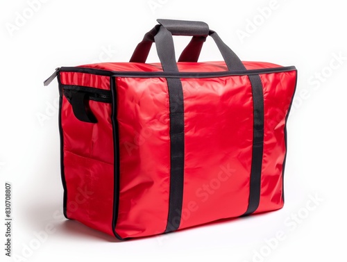 A red insulated delivery bag with black straps and a zipper closure. The bag has a side pocket and sturdy handles for easy carrying.