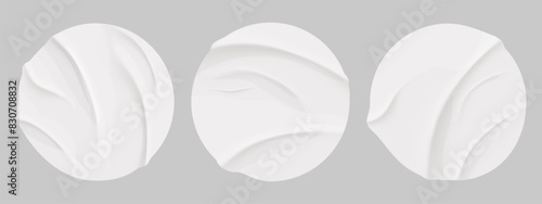 Glued circle paper wrinkled effect sticker, empty frame, badge mockup isolated. Set round tags textured patches. Crumpled poster, label