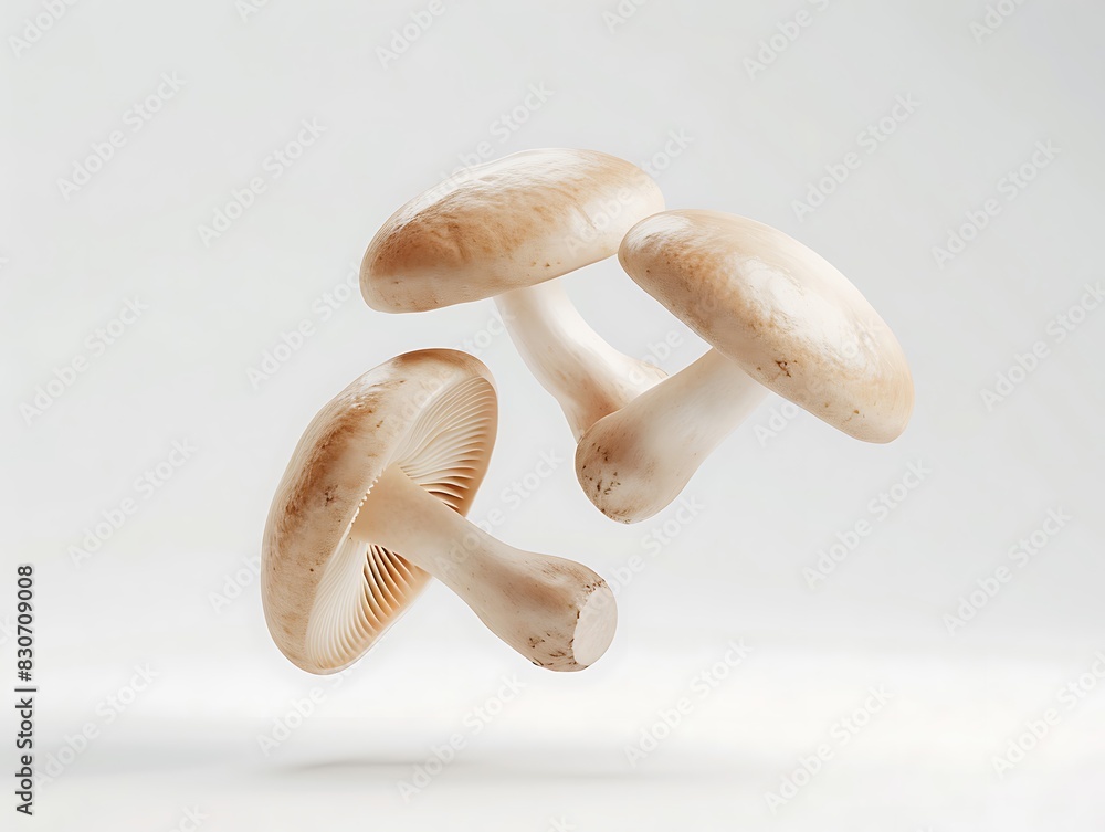 Flying delicious champignon mushrooms against a white background Flying delicious champignon mushrooms against a white background
