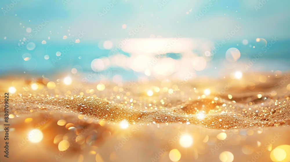 Tranquil golden beach with bokeh lights under a serene light blue sky, Tranquil golden beach with bokeh lights under a serene light blue sky,