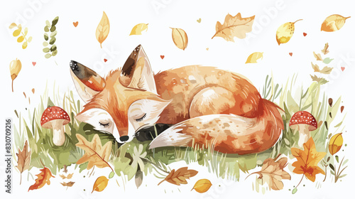 Watercolor Illustration cute baby fox sleeps on grass photo