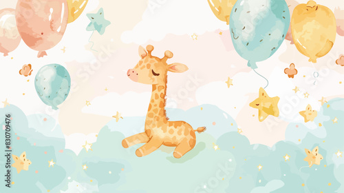 Watercolor Illustration cute baby giraffe on cloud wi