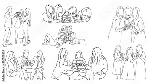 Line art of people cheering glasses of wine, one line art, celebearting, clinking glasses
