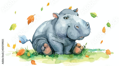Watercolor Illustration cute baby hippo sitting on th