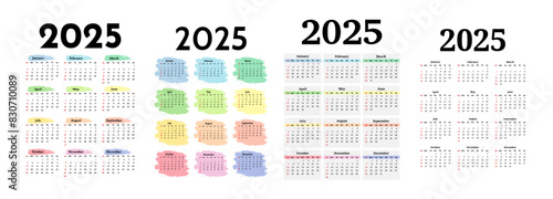 Set of calendars for 2025 isolated on a white background