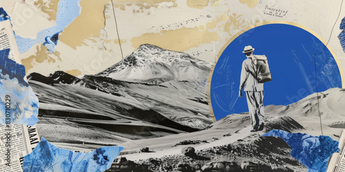 Adventurer Hiking in Mixed Media Landscape with Mountain Background and Blue Accents