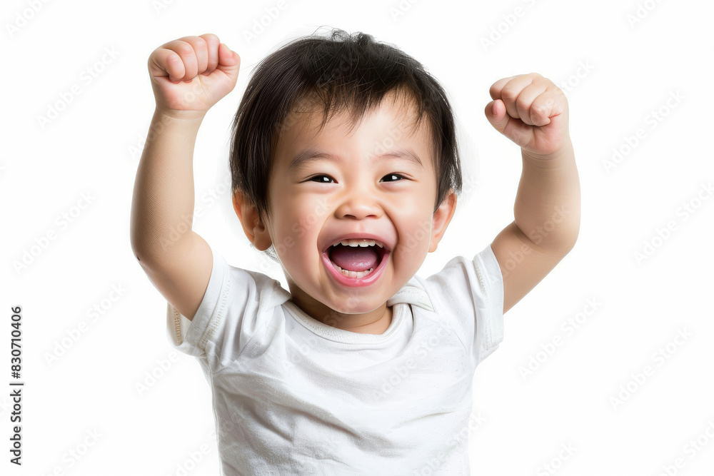 Happy Toddler Celebrating Achievements with Raised Arms on White Background Happy Toddler Celebrating Achievements with Raised Arms on White Background