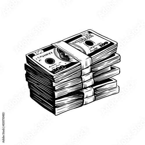 stack of hundred dollar bills isolated on white background. Bundle of one hundred dollar. Money, bank notes illustration in engraving imitation. Monochrome ink sketch. vector