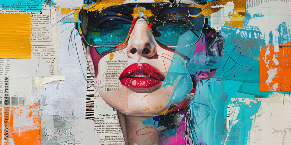 Vibrant Abstract Portrait of a Stylish Woman in Sunglasses with Pop Art Elements