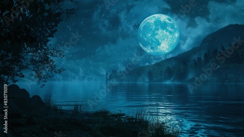 Moonlit Mirage by the Shores of the Mystic Azure Lake background, ai generated © Seussi