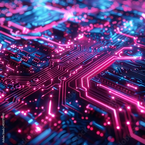 Wallpaper Mural Microprocessor Board with Pink Neon Circuit Graphics Torontodigital.ca