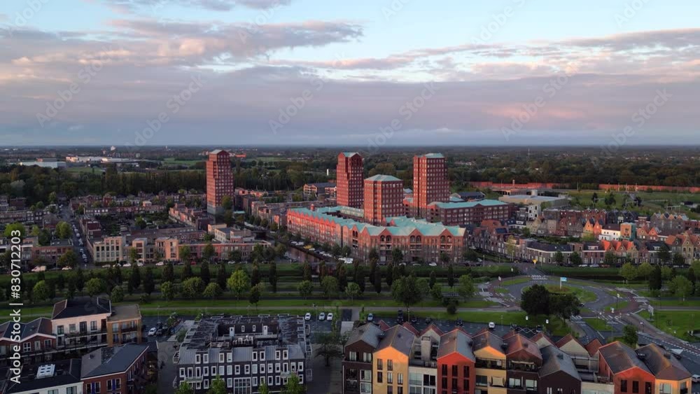 Aerial view at golden hour with modern buildings at Amersfoort Vathorst, The Netherlands Aerial view at golden hour with modern buildings at Amersfoort Vathorst, The Netherlands