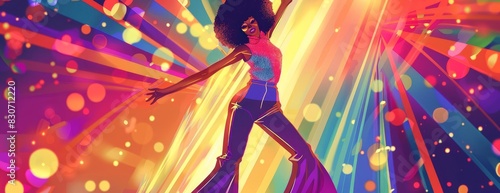 a colorful illustration of a woman dancing in a 70s disco. She should be wearing a stylish outfit and have an afro. The background should be bright and full of energy, with a hint of nostalgia.