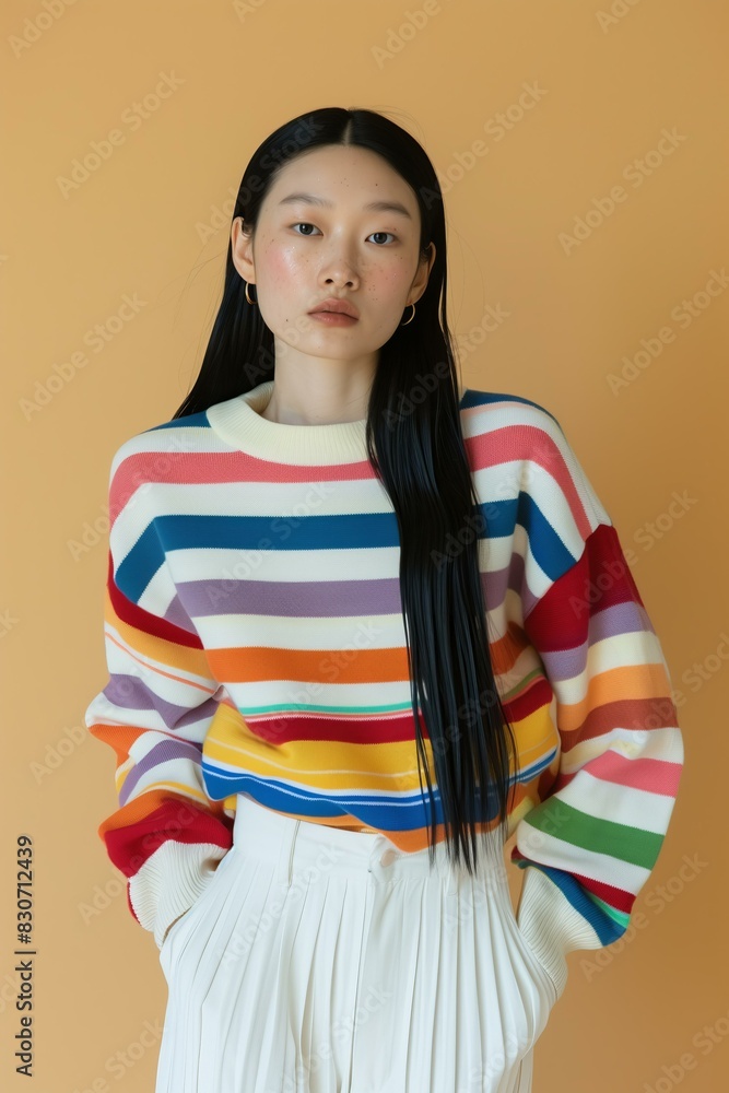oung woman with hands in pockets, wearing a colorful striped sweater and white pants, long straight black hair, East Asian, beige background oung woman with hands in pockets, wearing a colorful striped sweater and white pants, long straight black hair, East Asian, beige background