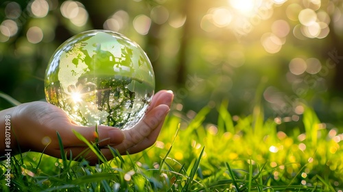 a hand holding a transparent glass globe on blurred forest background