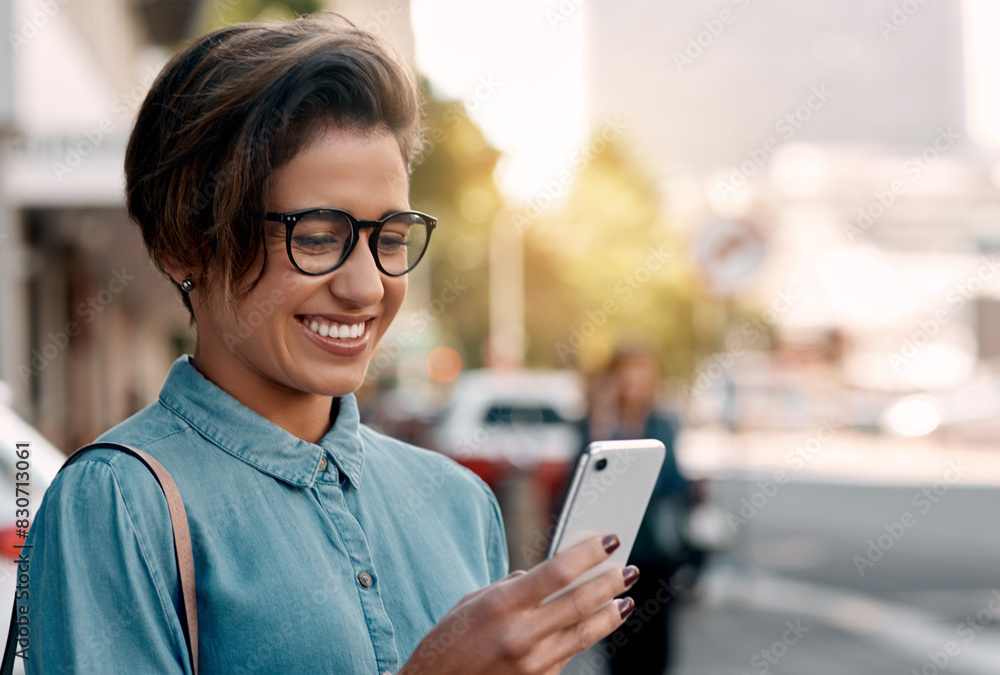 Business woman, phone and reading in city for travel news, location or communication of job opportunity. Excited young worker, editor or copywriter in glasses with mobile chat for transport in street Business woman, phone and reading in city for travel news, location or communication of job opportunity. Excited young worker, editor or copywriter in glasses with mobile chat for transport in street