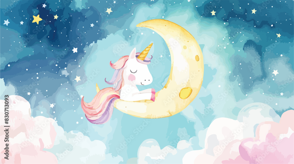 Watercolor Illustration Cute unicorn on the moon vector