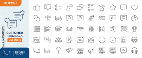 Customer feedback Line Editable Icons set. Contains feedback, review, satisfied, survey, rating, graph, and more. Editable stroke. Vector illustration	