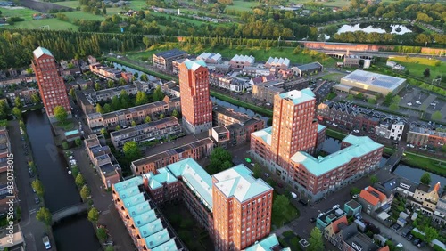 Aerial view at golden hour with modern buildings at Amersfoort Vathorst, The Netherlands photo