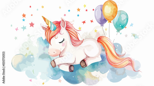 Watercolor Illustration Cute unicorn on the cloud wit