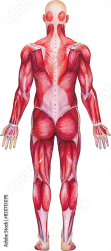 Detailed watercolor anatomical illustration of a male human muscular system