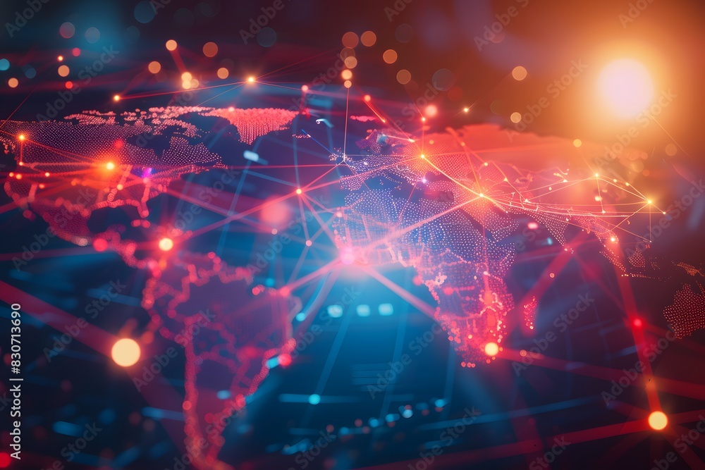 Abstract global network concept with world map and glowing connections, symbolizing connectivity across different countries