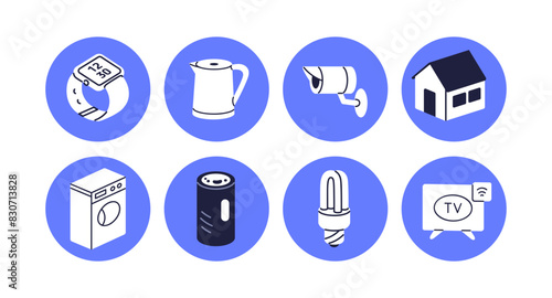 Smart home icons set. House technology, remote devices control, security, electric household appliances symbols. Safety monitoring, automation. Flat vector illustrations isolated on white background