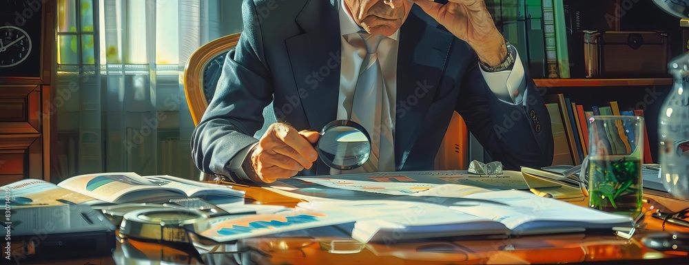 A man wearing a suit and tie is sitting at a desk looking at a document through a magnifying glass A man wearing a suit and tie is sitting at a desk looking at a document through a magnifying glass
