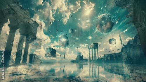 A surreal dreamscape where time and space fluid distorted perspectives evoke disorientation