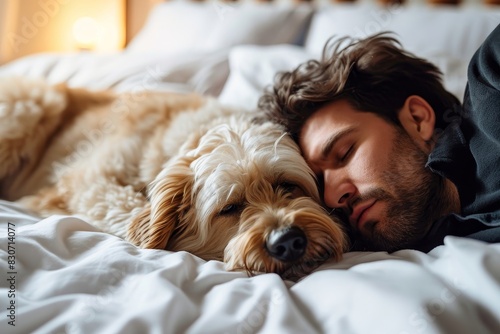 Young man and dog sleeping together in white bed at home, Generative AI photo